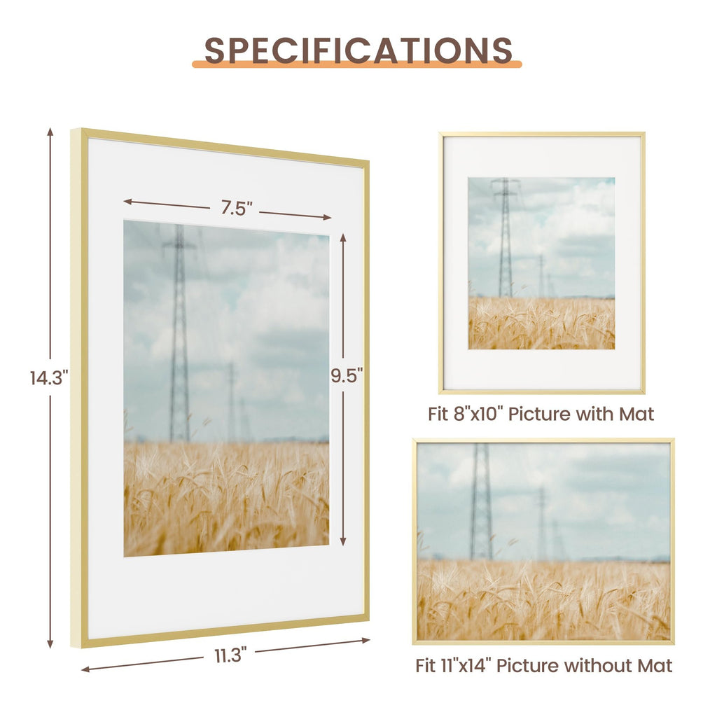 Gold aluminum picture frame with dimensions and matting options shown, featuring a wheat field image.