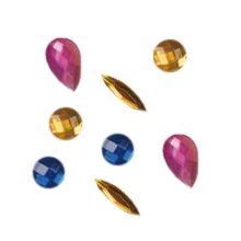 Assortment of colorful faceted rhinestones including teardrop, round, and marquise shapes on a white background.