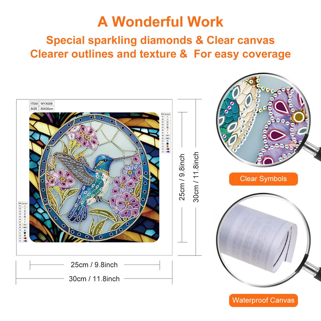 5D diamond painting kit featuring a hummingbird and flowers, with symbol key and size dimensions shown.