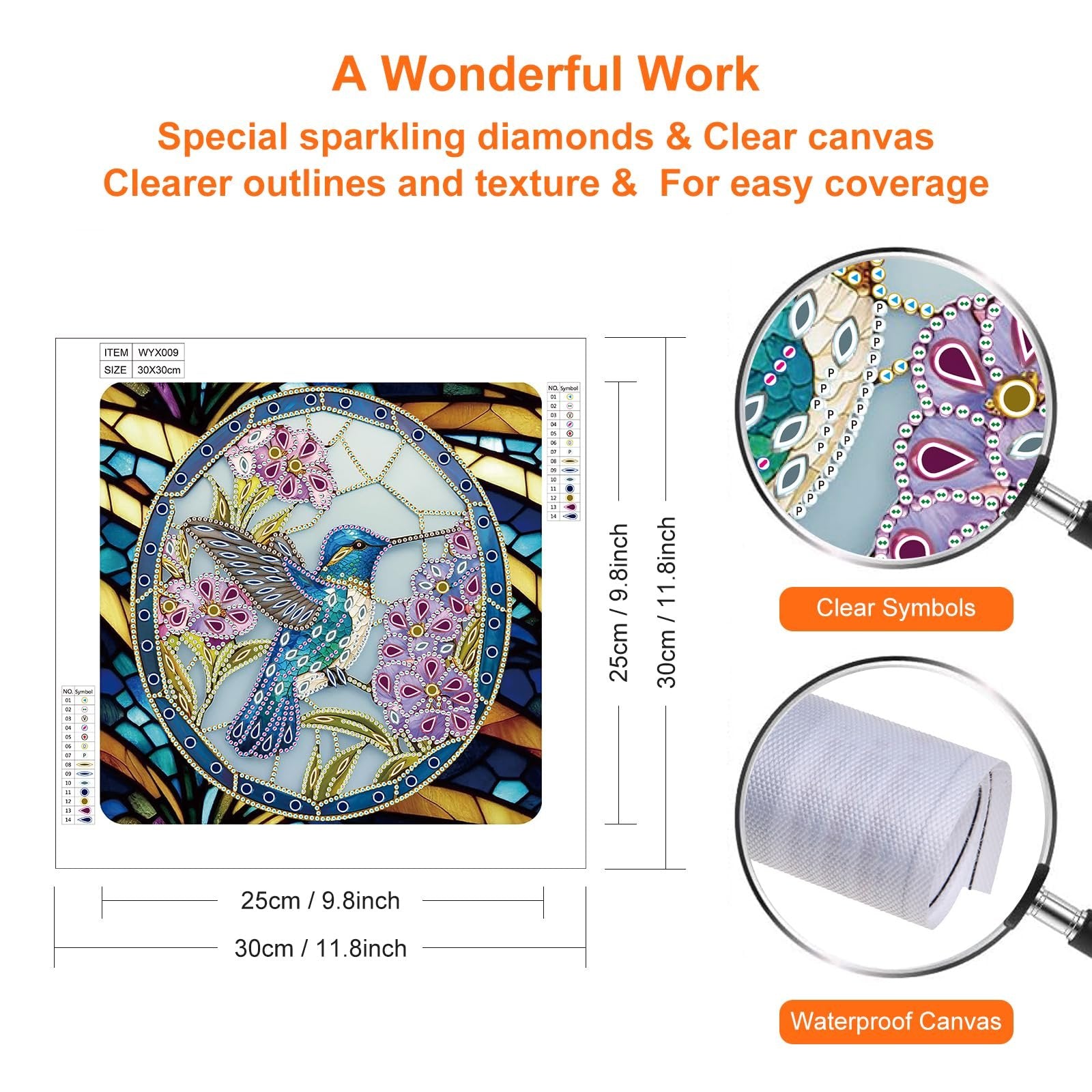 5D diamond painting kit featuring a hummingbird and flowers, with symbol key and size dimensions shown.