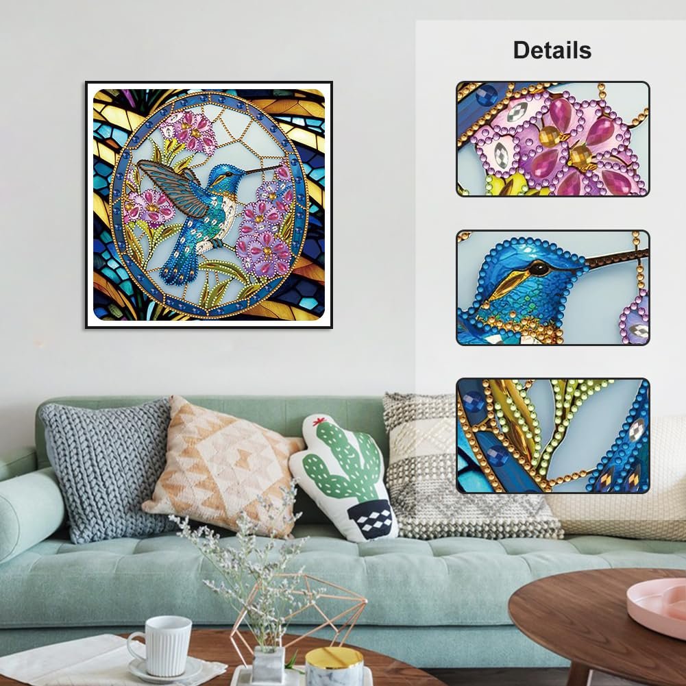 Diamond painting kit featuring a blue hummingbird surrounded by pink flowers in an oval frame, with close-up detail shots.