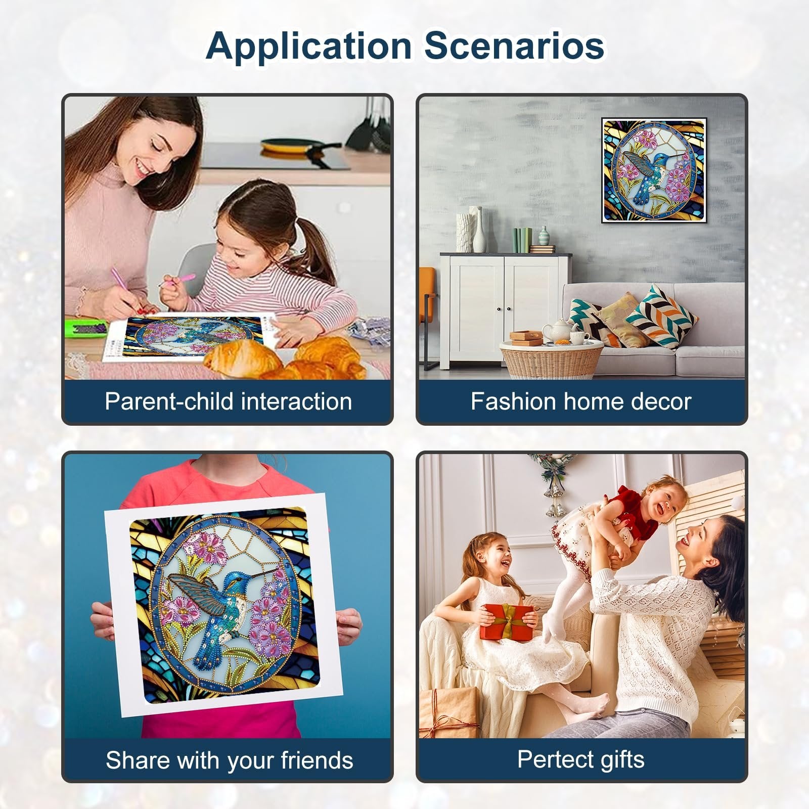 Collage of four scenes showing diamond painting kit applications: parent-child interaction, fashion home decor, sharing with friends, and perfect gifts.