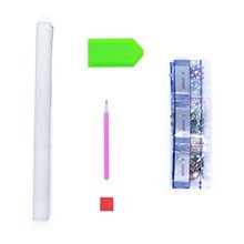 Diamond art kit contents including a rolled canvas, pink drill pen, red square, green arrow-shaped tool, and small bags of colorful rhinestones.