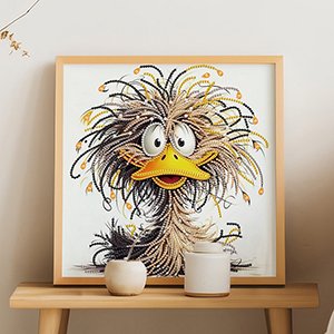 Framed 5D diamond art kit featuring a cartoon duck with messy hair, displayed on a wooden shelf with decorative jars.