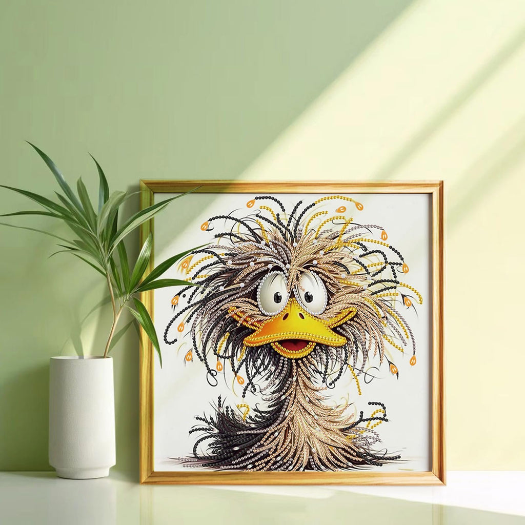 Framed diamond art kit featuring a cartoon duck with messy, colorful feathers and large eyes.