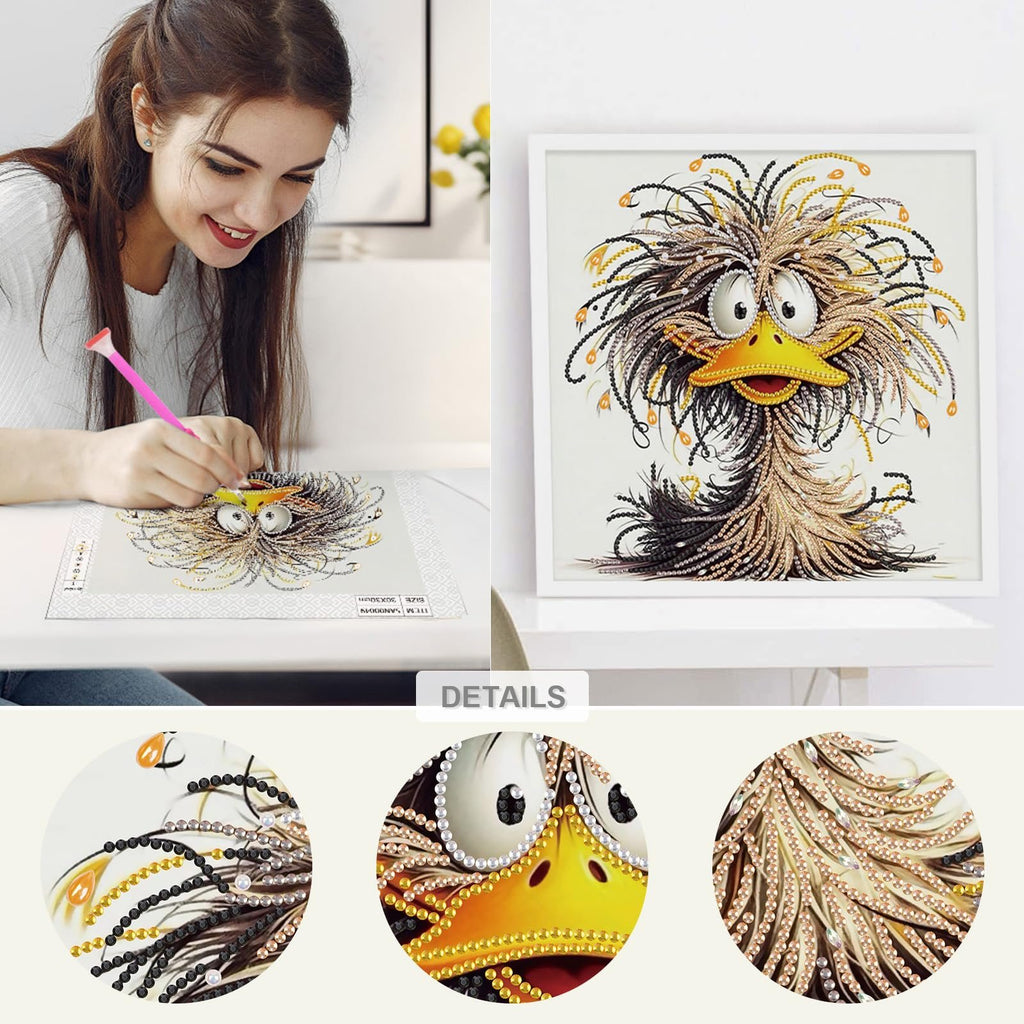 Woman creating a diamond art kit of a cartoon duck; close-ups of the artwork and framed finished piece.
