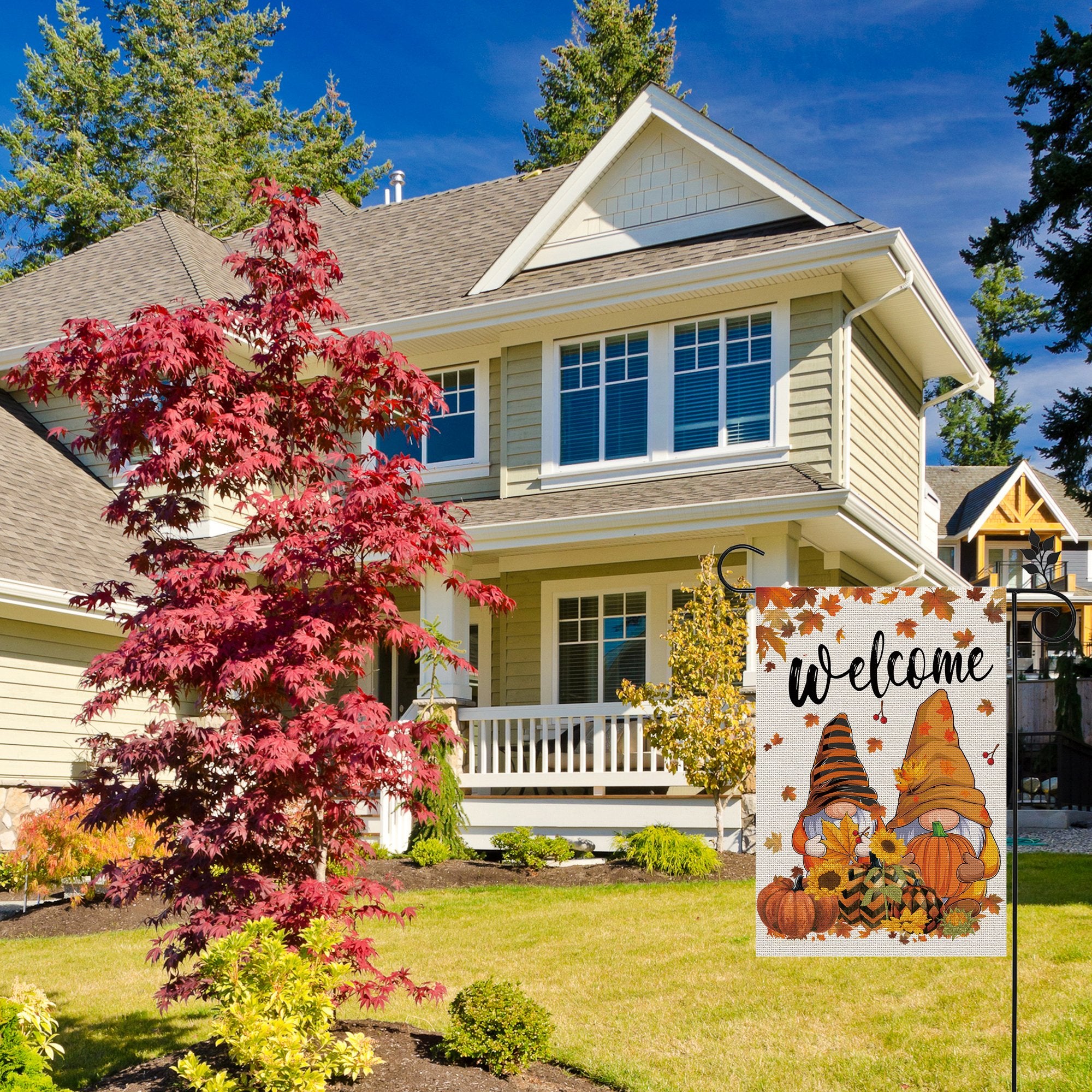Fall garden flag with gnomes, pumpkins, and sunflowers, displaying the word 'Welcome' on a burlap background.