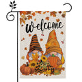 Fall garden flag with two gnomes, pumpkins, sunflowers, and autumn leaves, reading "welcome".