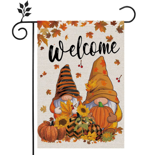 Fall garden flag with two gnomes, pumpkins, sunflowers, and autumn leaves, reading "welcome".