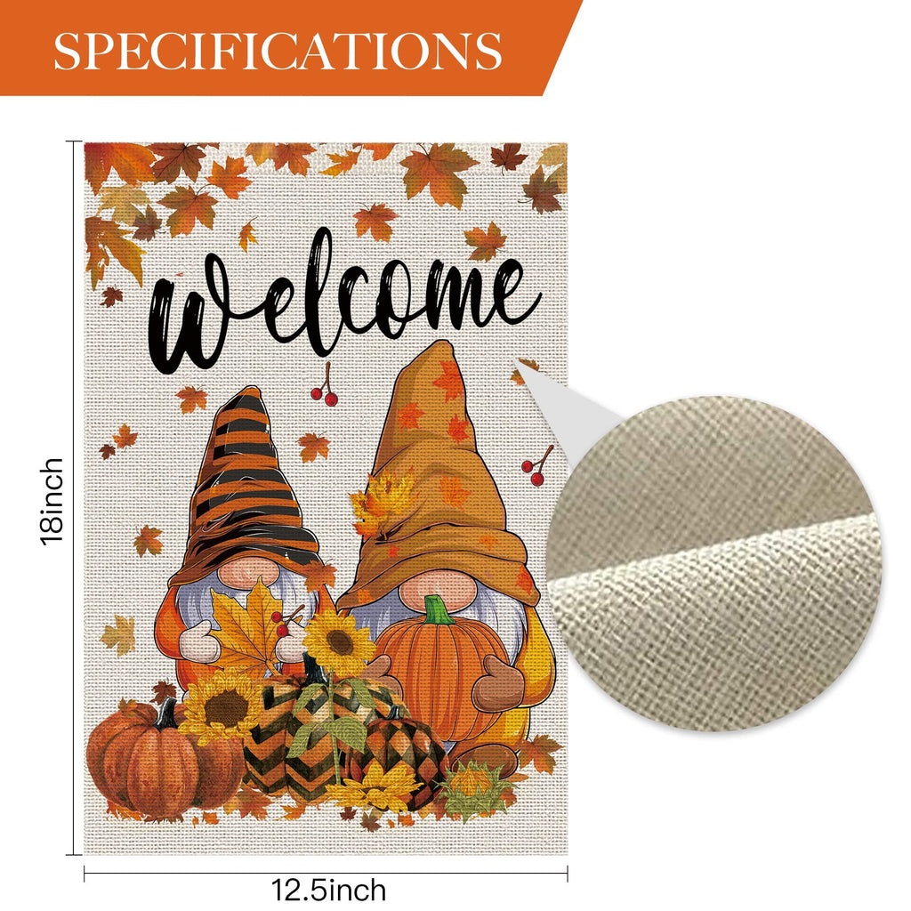 Fall garden flag with two gnomes, pumpkins, sunflowers, and autumn leaves. Text reads 'Welcome'.