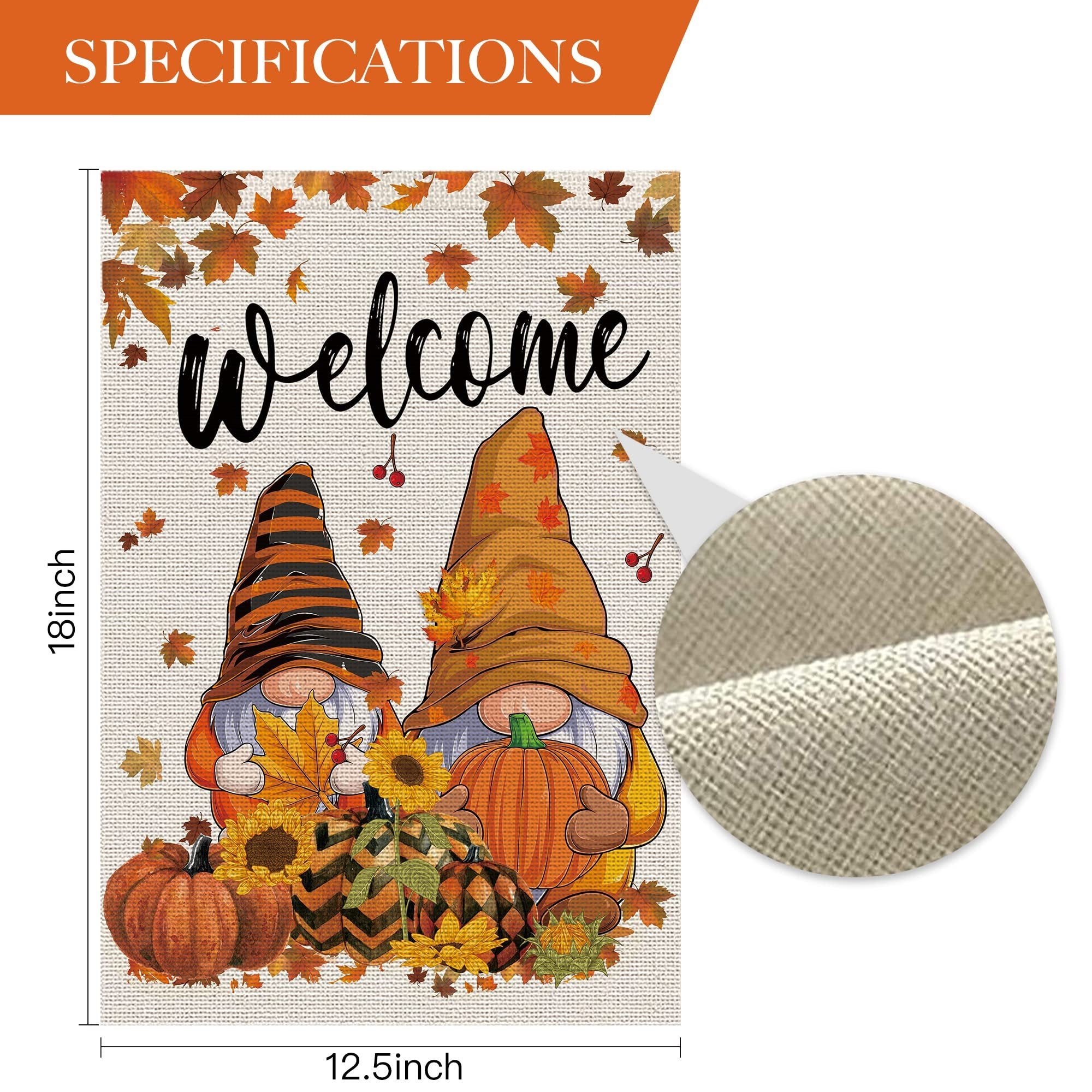 Fall garden flag with two gnomes, pumpkins, sunflowers, and autumn leaves. Text reads 'Welcome'.