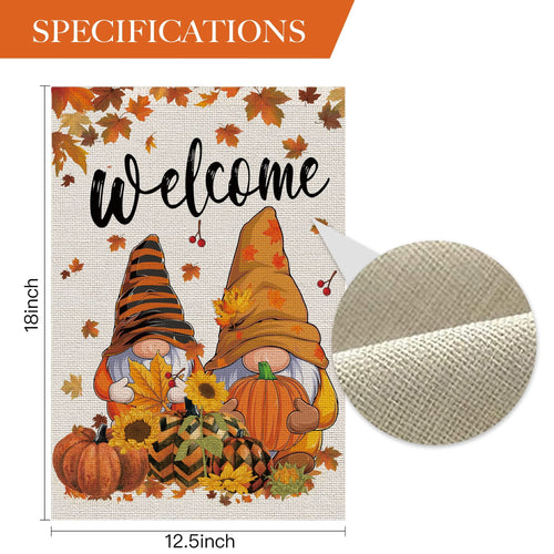 Fall garden flag with two gnomes, pumpkins, sunflowers, and autumn leaves. Text reads 'Welcome'.