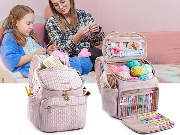 Pink quilted knitting backpack with yarn and crochet hooks, shown open and closed with a mother and daughter knitting in the background.
