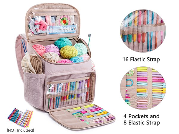 Quilted knitting backpack organizer filled with yarn and crochet hooks, with inset images showing storage details.