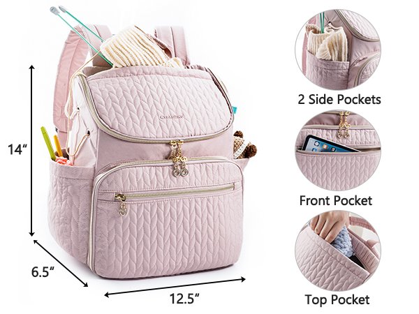 Pink quilted knitting backpack with knitting needles and yarn, showing dimensions and pocket details.