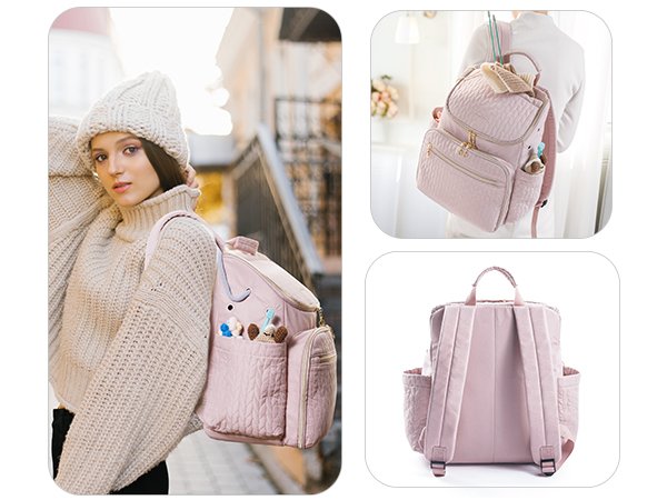 Woman wearing a chunky knit sweater and hat, posing with a pink quilted backpack.