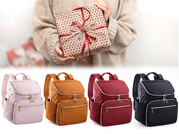 Four quilted knitting backpacks in pink, orange, red, and black, with a person holding a gift box above them.