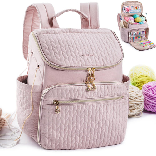 Pink quilted knitting backpack with yarn balls and an open organizer insert showing craft supplies
