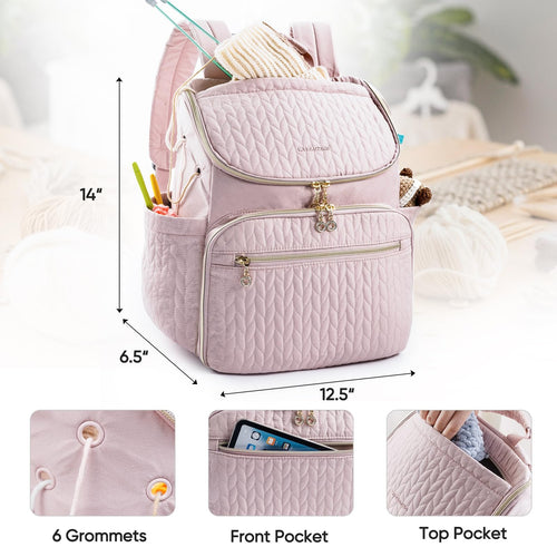 Pink quilted knitting backpack with dimensions labeled, showing grommets, front pocket with phone, and top pocket with yarn.