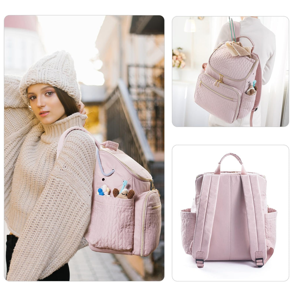 Pink quilted knitting backpack with multiple pockets and grommets, shown on a model and from the back.