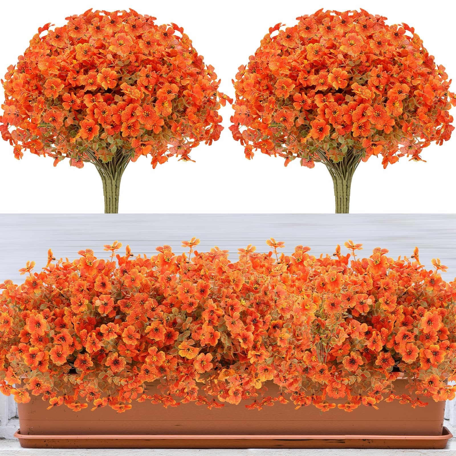 Two bunches of artificial orange flowers with green leaves and one planter filled with artificial orange flowers