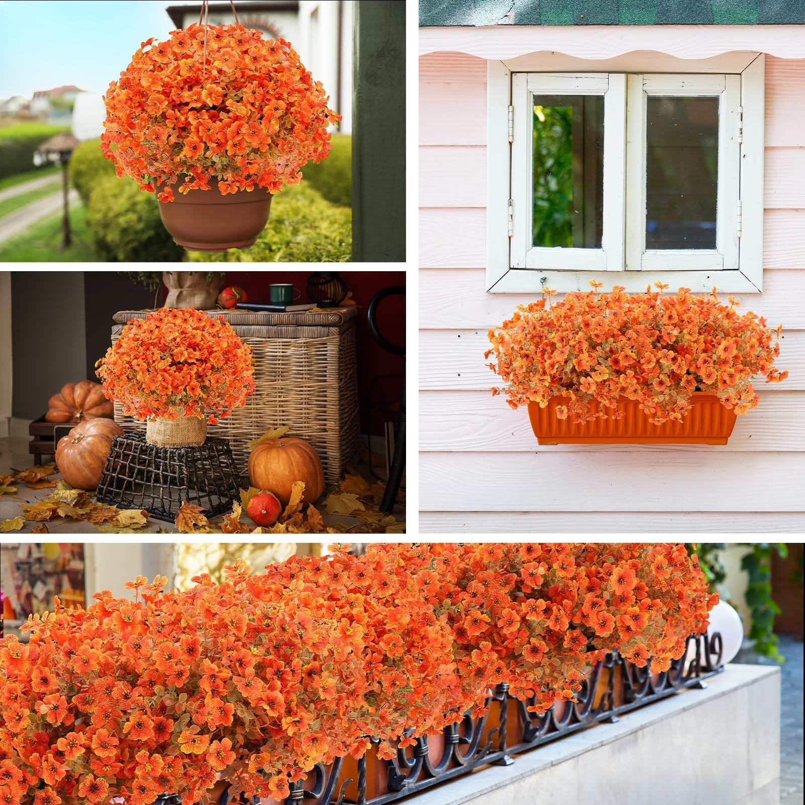 Collage of orange artificial flowers in various outdoor settings, including hanging baskets and window boxes.