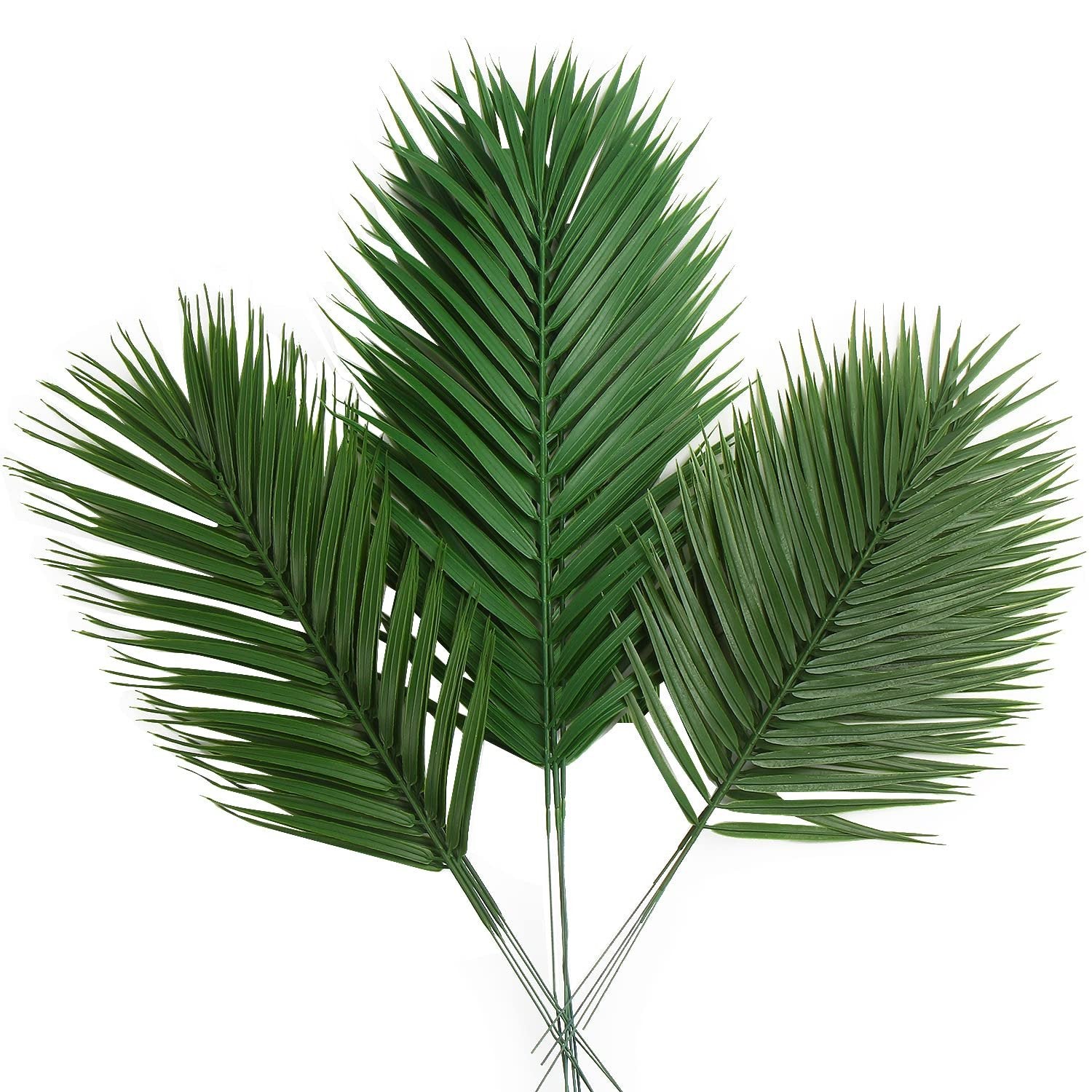 Three artificial palm leaves with stems, varying sizes, on a white background.