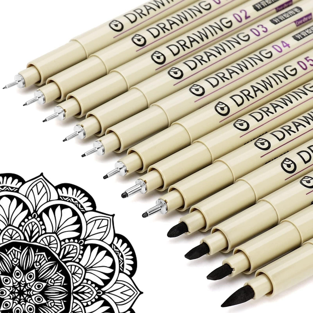 Set of black micro fineliner drawing pens with various tip sizes, shown with a mandala design.