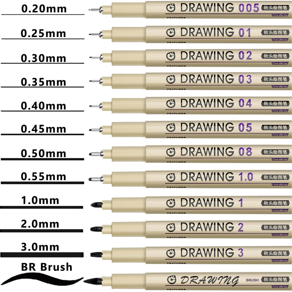 Set of 12 fine liner drawing pens with different tip sizes from 0.20mm to 3.0mm and a brush tip.