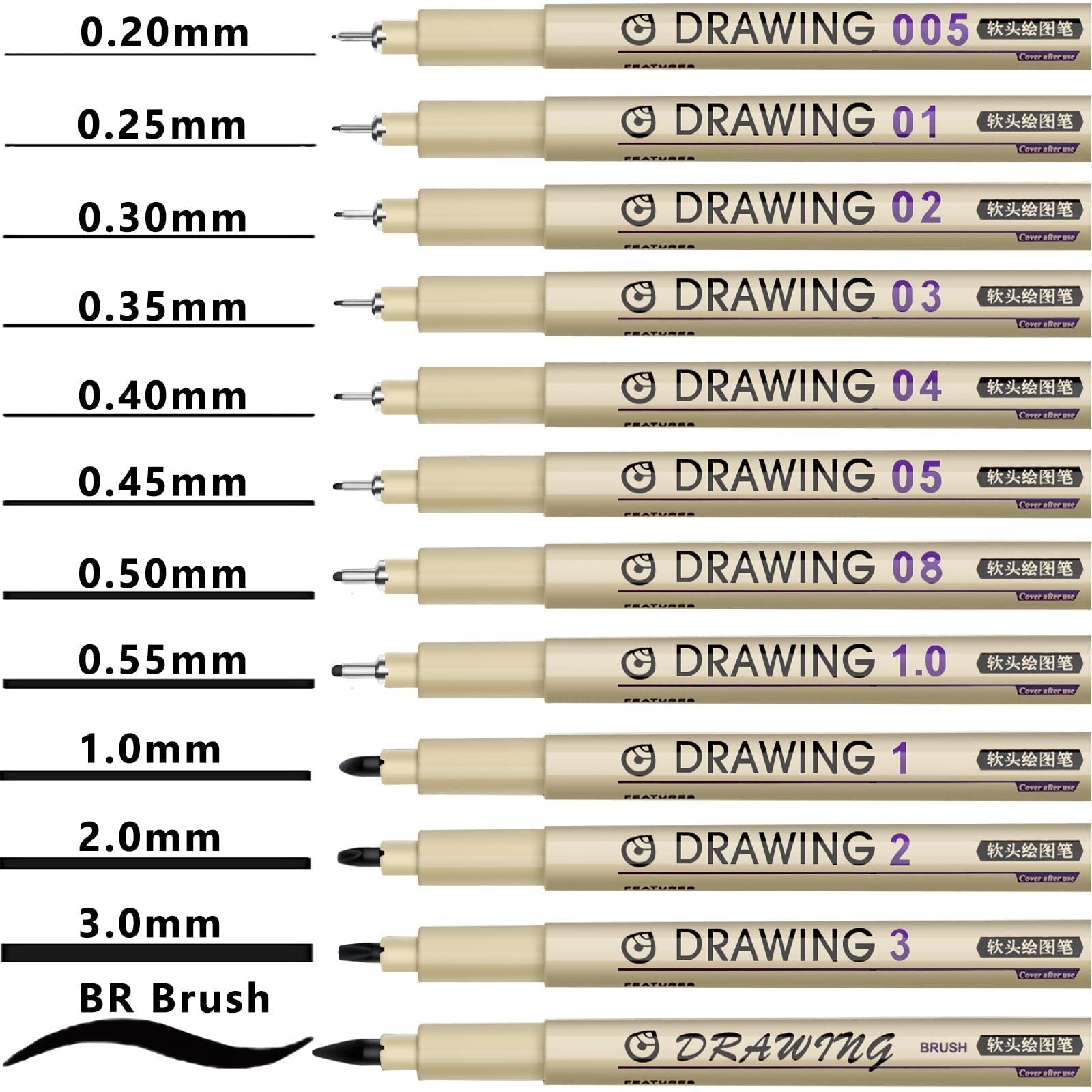 Set of 12 fine liner drawing pens with different tip sizes from 0.20mm to 3.0mm and a brush tip.