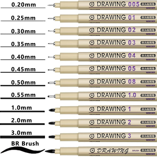 Set of 12 fine liner drawing pens with different tip sizes from 0.20mm to 3.0mm and a brush tip.