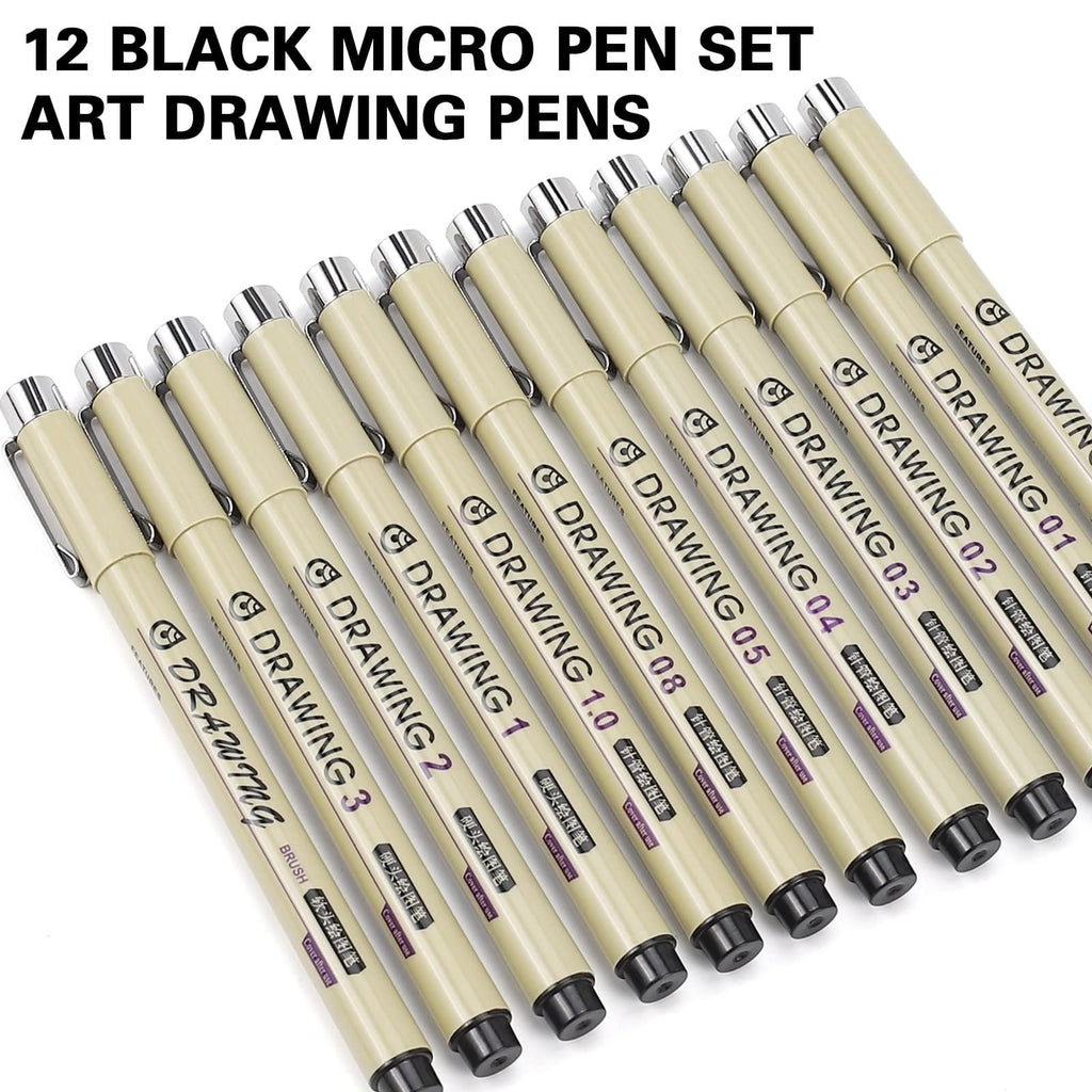 Set of 12 black micro fineliner drawing pens with various tip sizes and a brush pen, arranged diagonally on a white background.