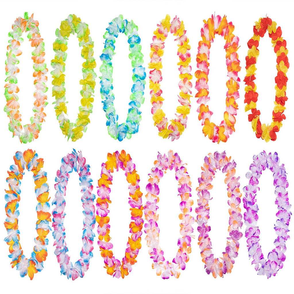 Twelve colorful Hawaiian leis arranged in two rows on a white background, showcasing various color combinations of flowers and green leaves.