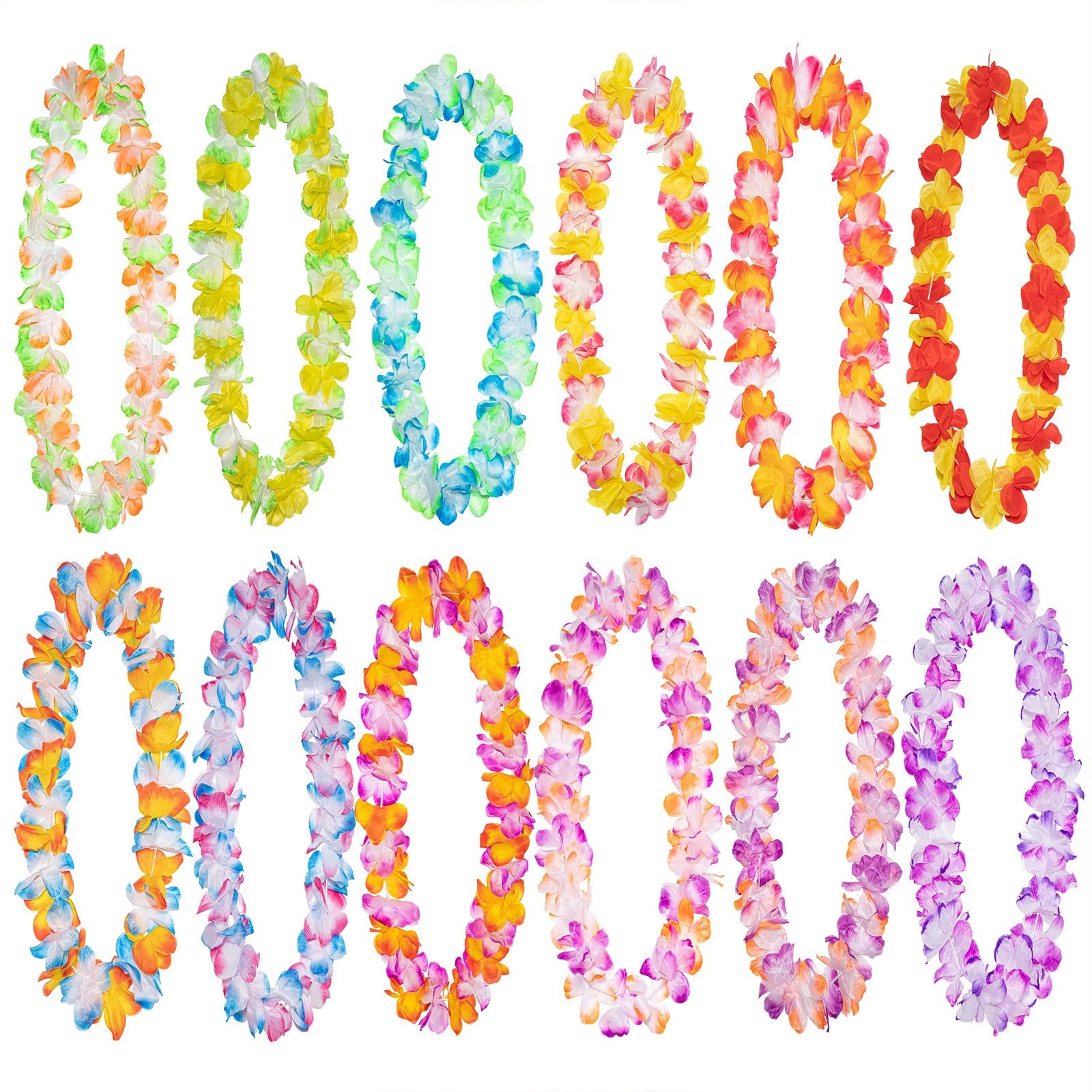Twelve colorful Hawaiian leis arranged in two rows on a white background, showcasing various color combinations of flowers and green leaves.