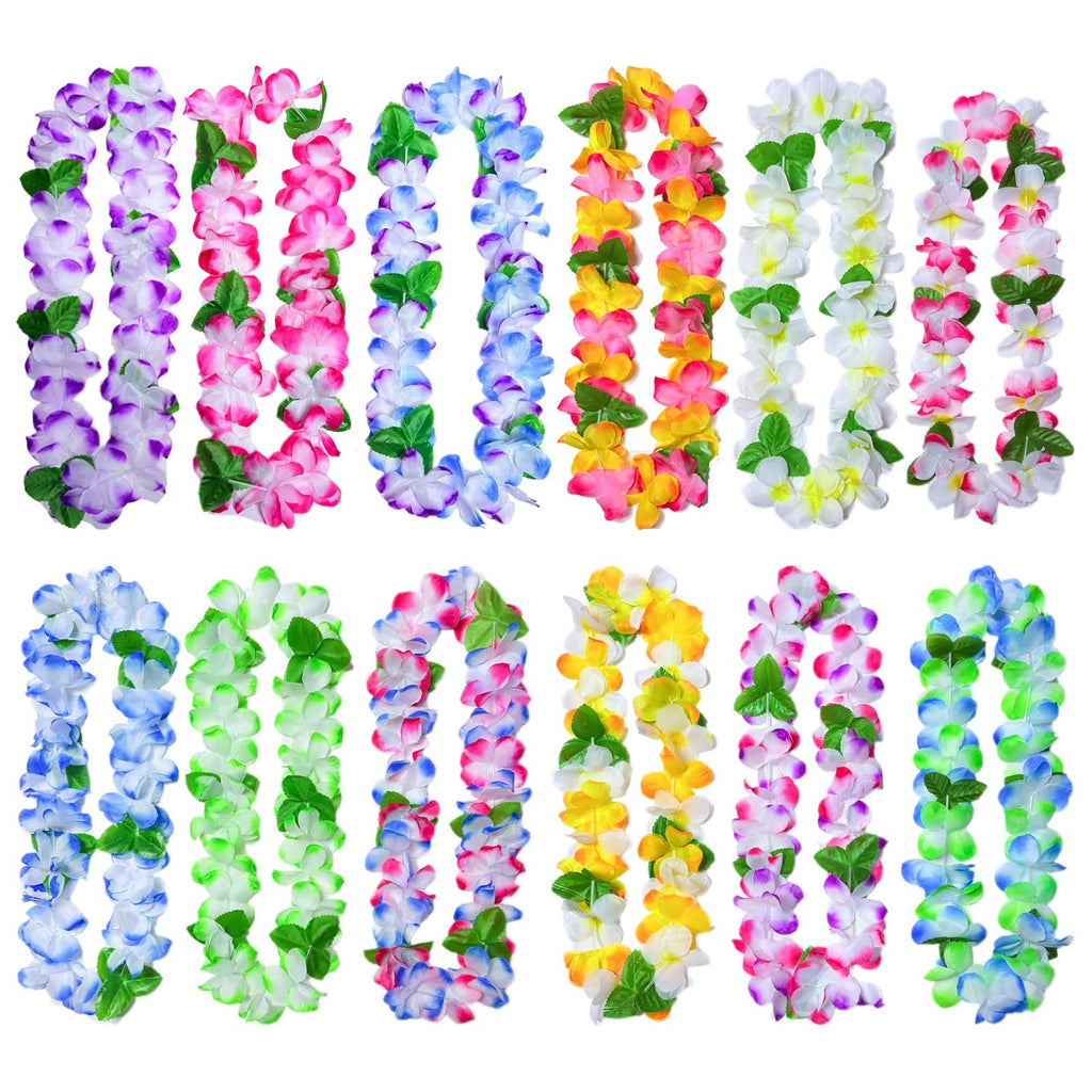 Assortment of 12 colorful polyester leis with green leaves, displayed in two rows on a white background.