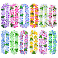 Assortment of 12 colorful polyester leis with green leaves, displayed in two rows on a white background.