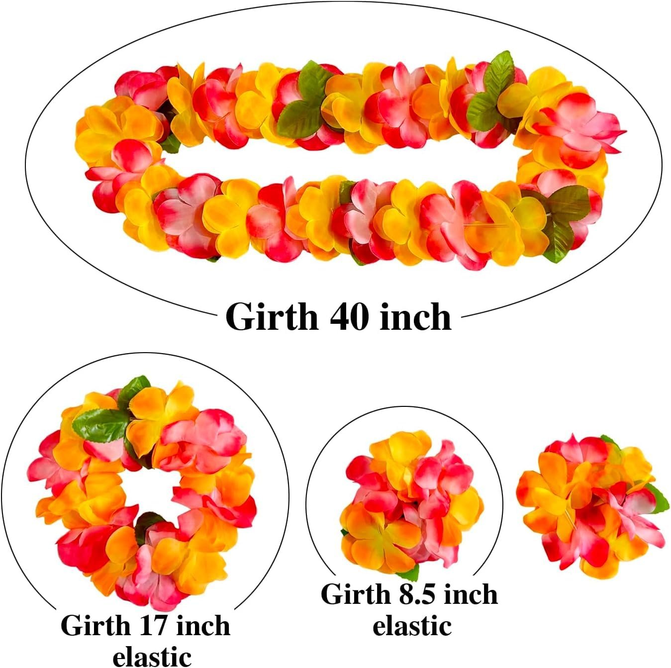 Three Hawaiian leis shown with measurements: one long lei and two smaller leis, one elastic.