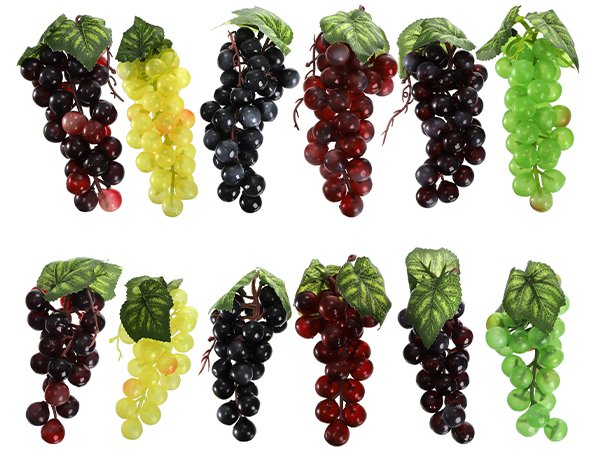 Twelve bunches of artificial grapes in six colors and two sizes, displayed on a white background.