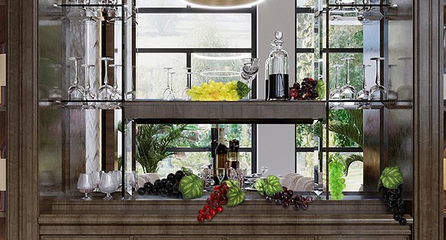 Artificial grapes in red, green, and black displayed on a bar shelf with wine bottles and glassware.