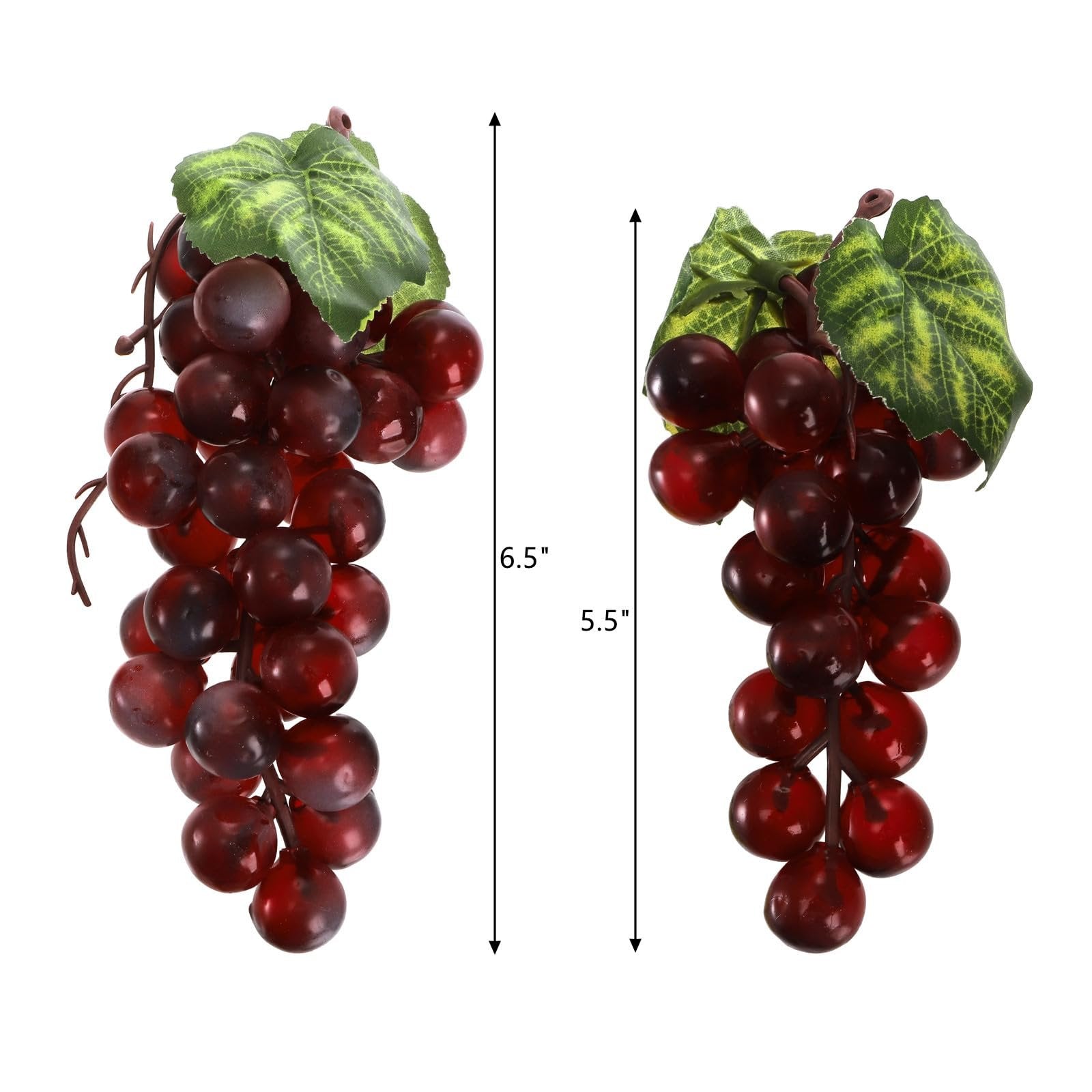 Two bunches of artificial dark red grapes with green leaves, one measuring 6.5 inches and the other 5.5 inches.