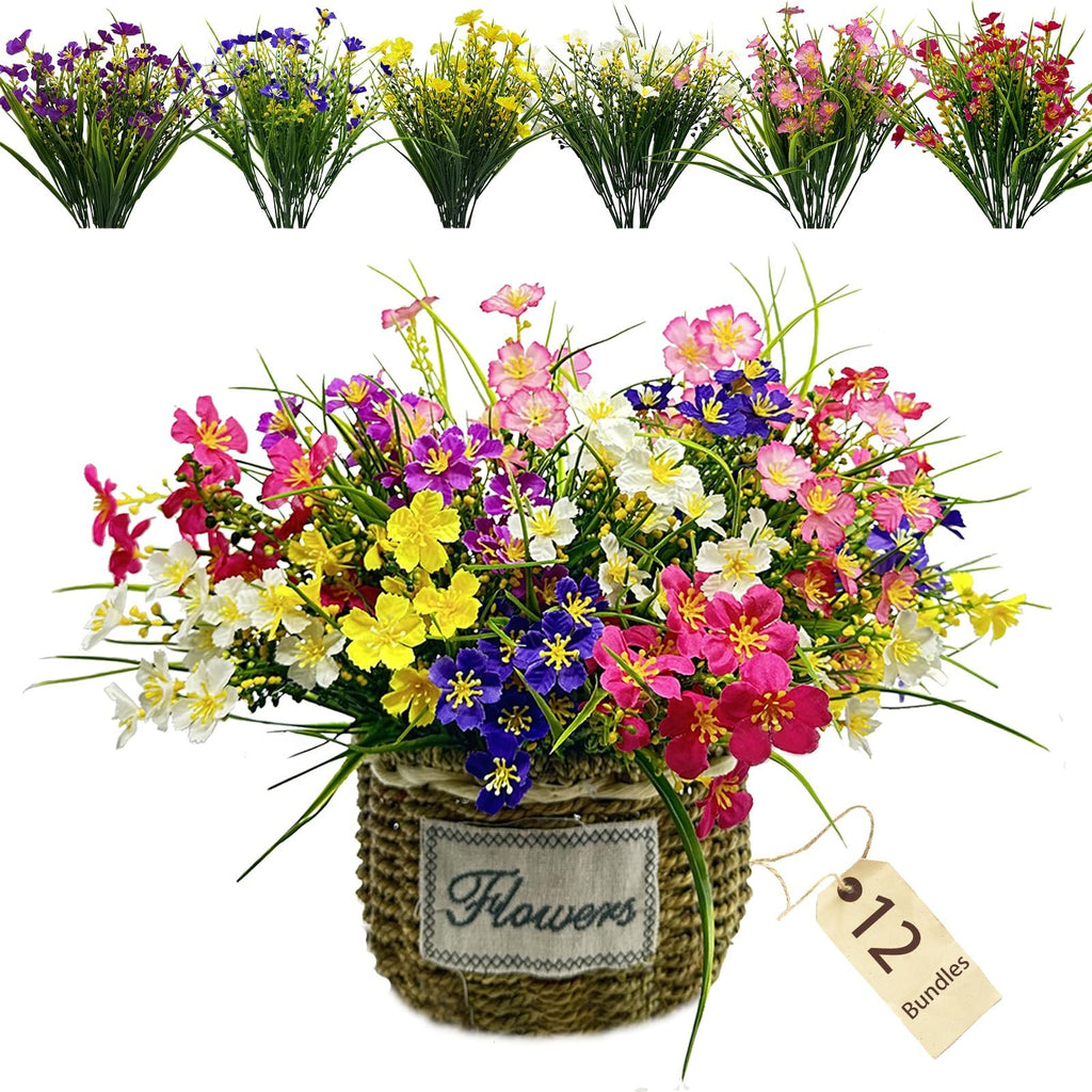 Artificial daisy flowers in mixed colors arranged in a woven basket with a 'Flowers' label and a '12 Bundles' tag.