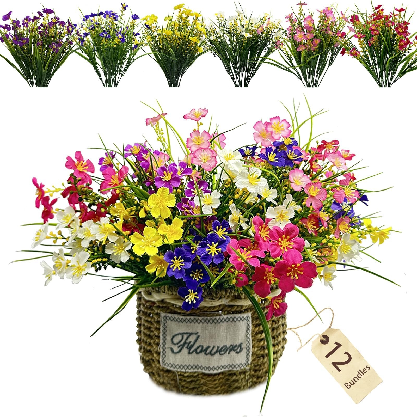 Artificial daisy flowers in mixed colors arranged in a woven basket with a 'Flowers' label and a '12 Bundles' tag.