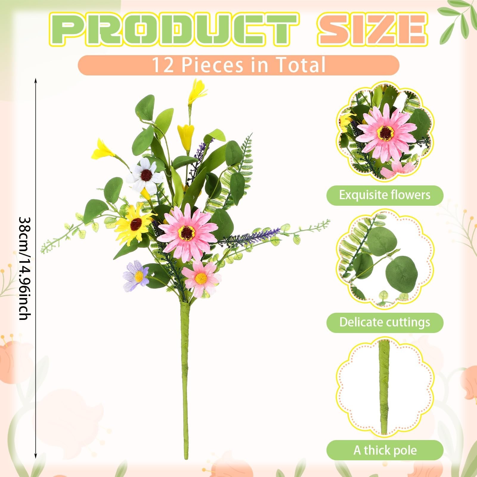 Artificial daisy wildflowers bouquet showing pink, yellow, white, and purple flowers with green leaves and stems, with size and detail callouts.