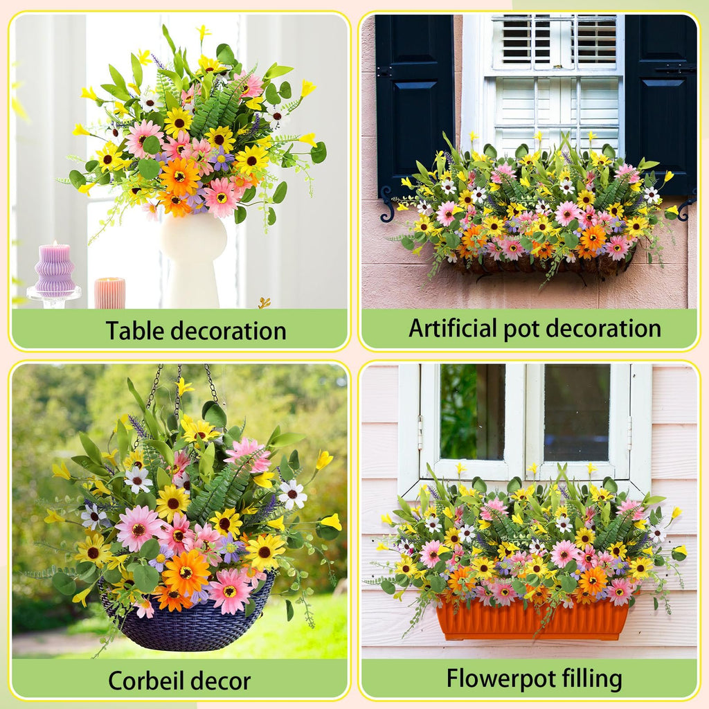 Collage of four arrangements of artificial daisy wildflowers in various decorative settings.