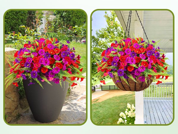 Artificial petunia and fern flower arrangements in a dark planter and a hanging basket.