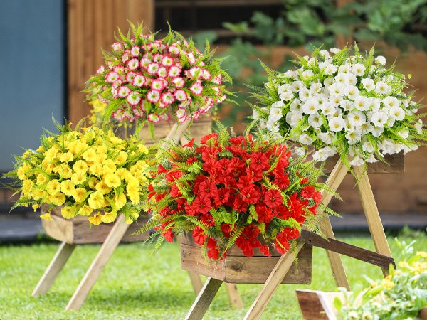 Four bundles of artificial petunia and fern flowers in red, yellow, white, and pink, displayed in wooden planters on stands outdoors.