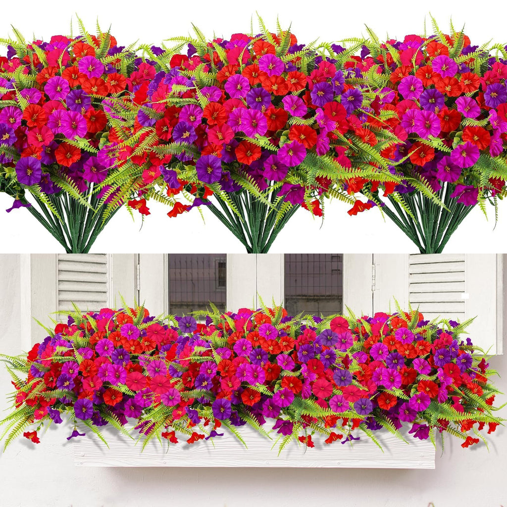 Artificial petunia and fern flowers in red, pink, and purple arranged in a window box and as separate bundles.