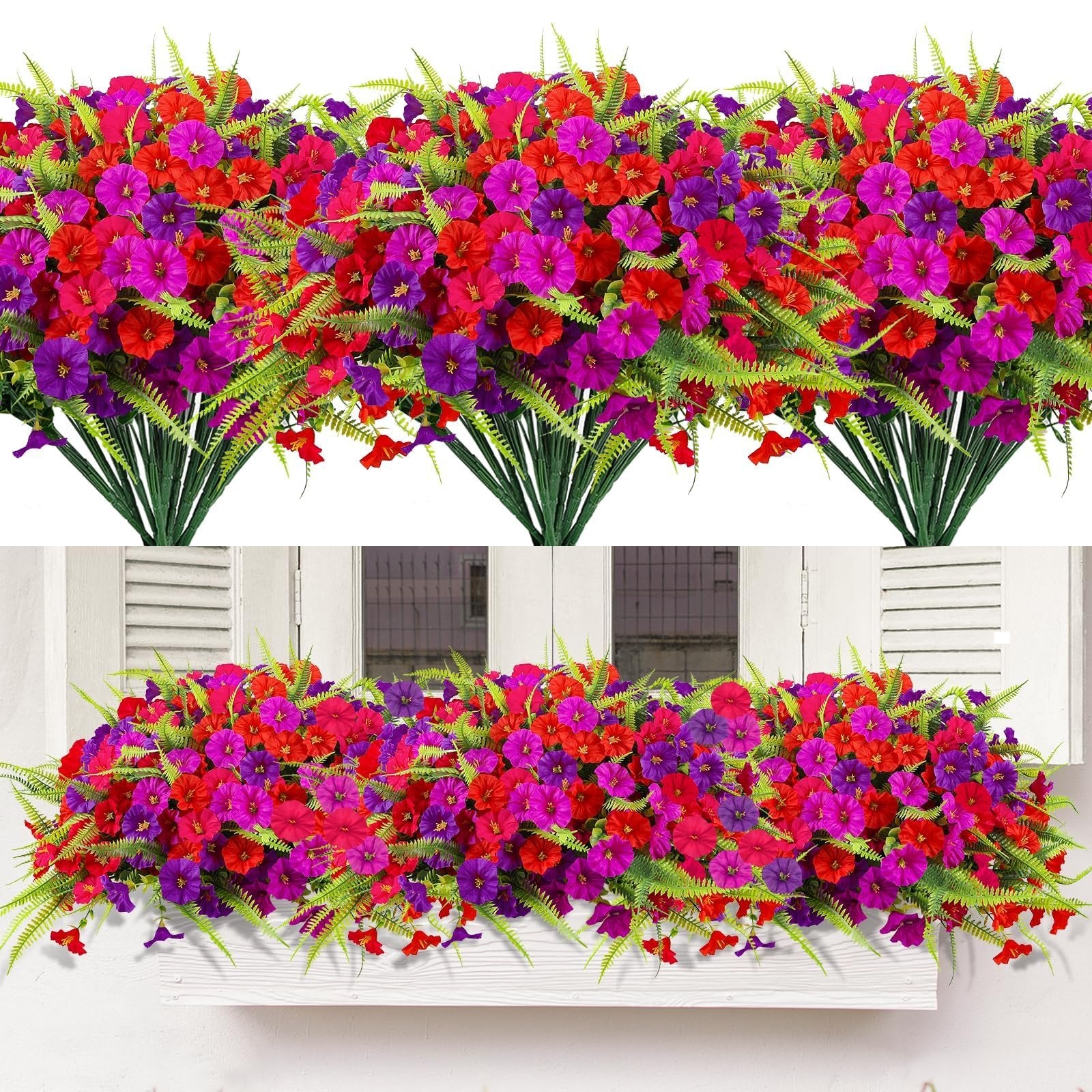 Artificial petunia and fern flowers in red, pink, and purple arranged in a window box and as separate bundles.