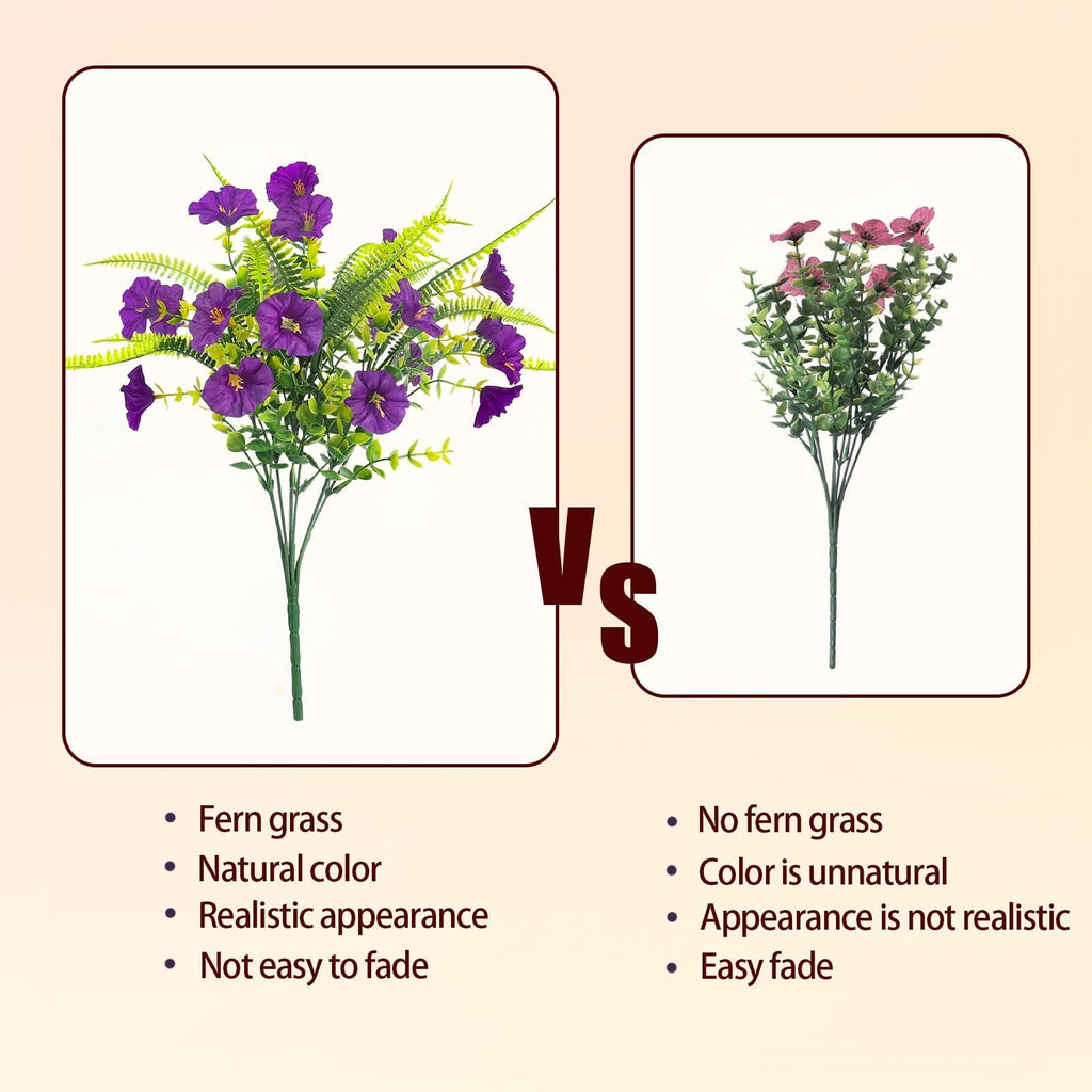Comparison of two artificial flower bouquets, one with purple flowers and fern grass, the other with pink flowers and no fern grass.