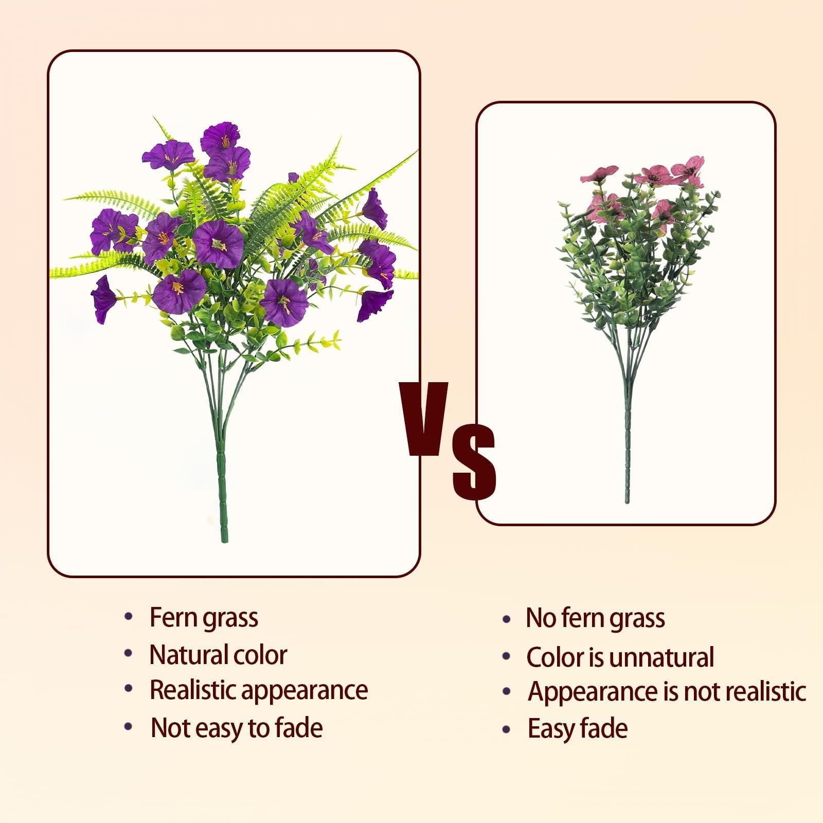 Comparison of two artificial flower bouquets, one with purple flowers and fern grass, the other with pink flowers and no fern grass.